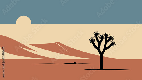 Desert Landscape with Joshua Tree and Setting Sun in vector Art