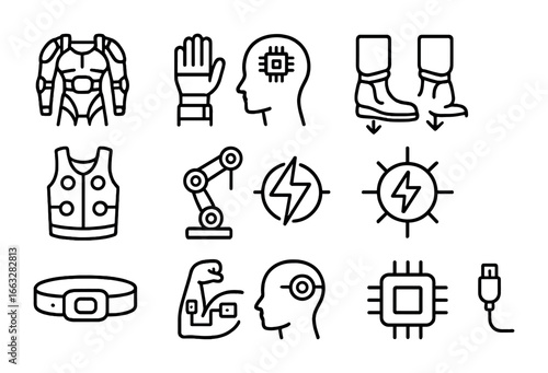 VR Enhancements Icons Set. Outline icon set of VR body enhancements: exosuit, haptic glove, neural implant,