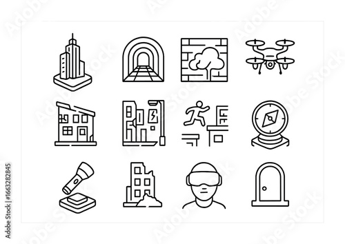 Urban VR Icons. Outline icon set of urban exploration VR: skyscraper hologram, subway tunnel, graffiti wall,