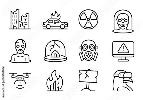 Apocalyptic Icon Set. Outline icon set of apocalyptic VR: ruined city, burning car, radiation symbol, mutant