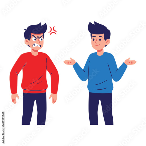 Discord and Dialogue: A striking visual representation of conflict and communication, the image portrays a man consumed by anger confronting a man who responds with an open, questioning gesture.