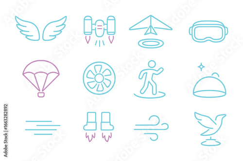 Extreme VR Flying Icons. Outline icon set of extreme VR flying: neon wings, drone jetpack, glider hologram, VR