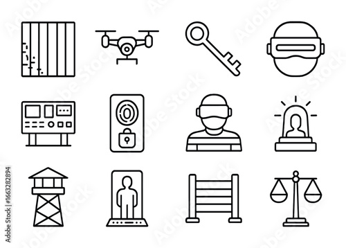 Futuristic VR Prison Icons. Outline icon set of futuristic VR prisons: digital bars, surveillance drone, neon