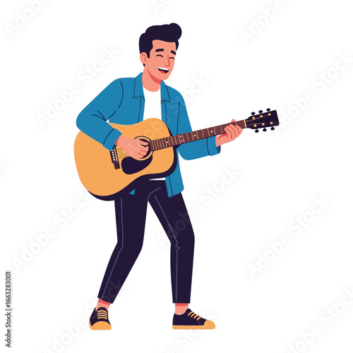 Guitar Serenade: A spirited musician strums a six-string guitar with infectious enthusiasm, his face alight with joy and the sound of music fills the space.