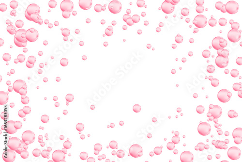 Cute light pink glowing scattered particles isolated on transparent background. Iridescent round dots decoration, carbonated water fizz, floating soda bubbles splash.