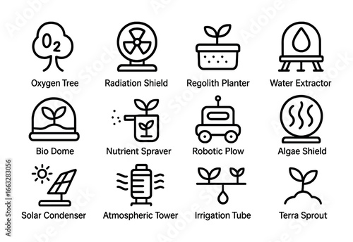Terraforming Agriculture Icons. Outline icon set of terraforming agriculture: oxygen tree, radiation shield,