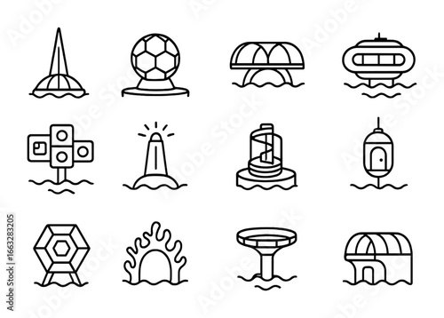 Futuristic Underwater Icons. Outline icon set of futuristic underwater architecture: glass spire, spherical