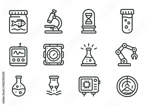 Deep Ocean Lab Icons. Outline icon set of deep-ocean science labs: specimen jar, microscope, DNA pod, marine