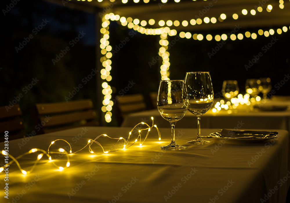 Obraz premium Two wine glasses stand on a table decorated with string lights under a canopy illuminated by warm, glowing fairy lights at night.