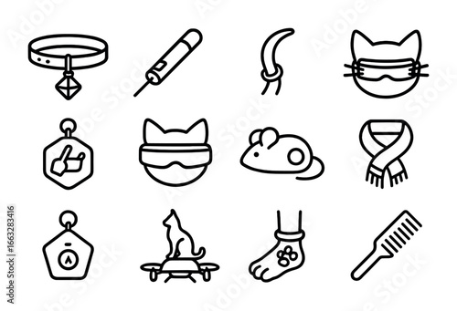 Futuristic Cat Accessories Icons. Outline icon set of futuristic cat fashion: holographic collar, laser toy,