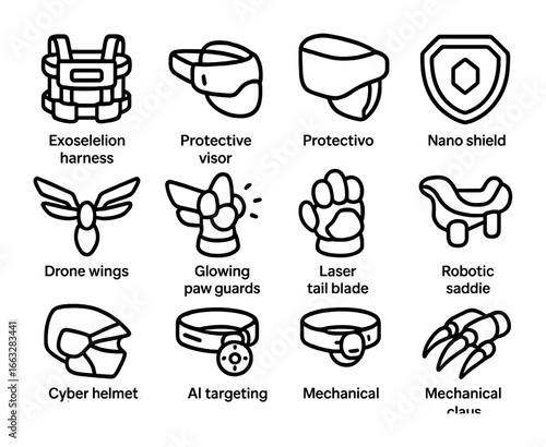Robotic Pet Armor Icons. Outline icon set of robotic pet armor: exoskeleton harness, protective visor, nano