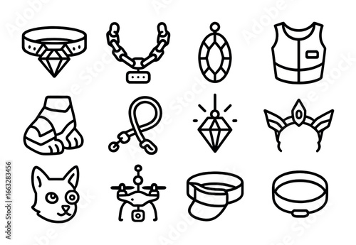 Luxury Pet Tech Icons. Outline icon set of luxury animal tech fashion: diamond smart collar, gold LED chain,