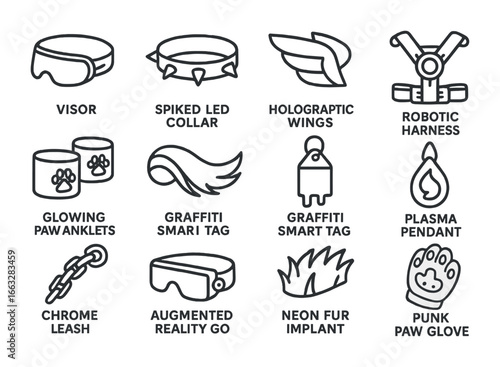 Cyberpunk Animal Accessories. Outline icon set of cyberpunk animal fashion: neon visor, spiked LED collar,