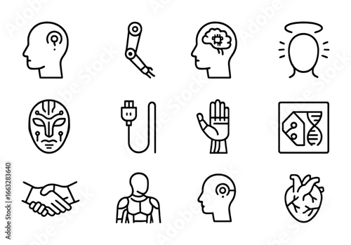Transhuman Ceremony Icons. Outline icon set of transhuman ceremonies: cyber implant, robotic limb, brain chip,