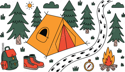 Outdoor camping scene with tent trees backpack boots campfire and winding path