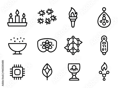 Nano Rituals Icon Set. Outline icon set of nano-rituals: nano altar, swarm of nanobots, molecular torch, nano