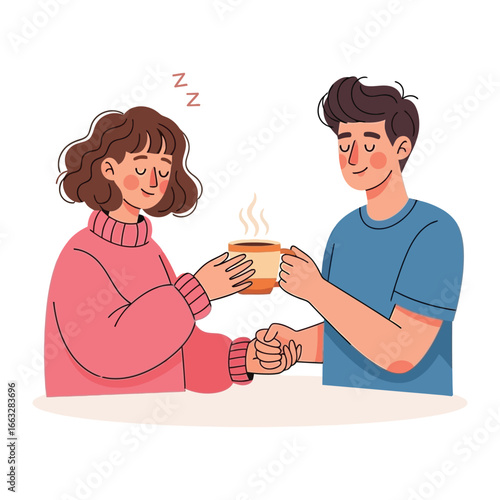 Warm Gesture of Sharing: A gentle hand-off between a couple sharing a cup of warm beverage, creating an illustration that evokes a moment of tenderness and shared affection.