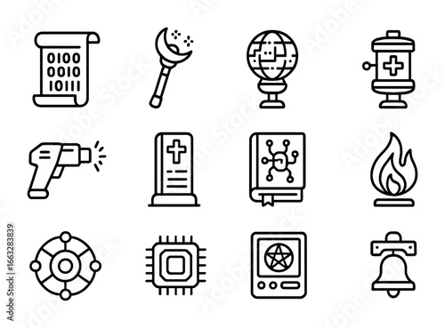 Ritual Tech Icons. Outline icon set of ritual technologies: coded scroll, plasma staff, digital orb,