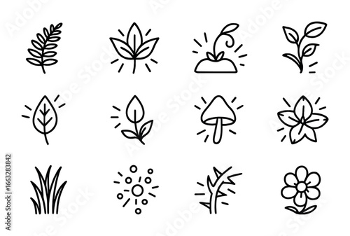 Bioluminescent Plant Icons. Outline icon set of bioluminescent plants: glowing fern, radiant lily, shining