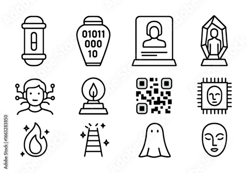 Futuristic Funerary Icons. Outline icon set of futuristic funerary rituals: memory capsule, data urn,