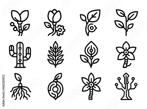 Hybrid Alien Flora Icons. Outline icon set of hybrid alien flora: half-metal plant, biomechanical flower,