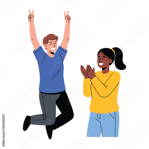 Triumphant Expression: A cheerful duo celebrating a victory, one person jumps with joy, raising both hands in a 'peace' gesture, while the other applauds enthusiastically. Capturing happiness.