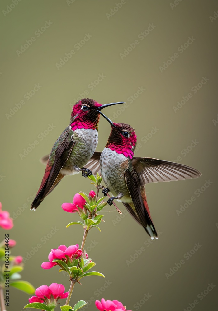 Fototapeta premium Action of Hummingbirds Feeding on Flowers in Nature, Close-Up View, Serene Environment