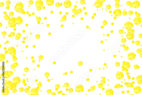 Cute yellow, gold glowing scattered particles isolated on transparent background. Cute iridescent round dots decoration, carbonated water fizz, floating soda bubbles splash.