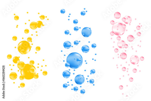 Cute 3D flowing yellow, blue, pink liquid water bubbles or fluid glowing air bubbles droplets isolated, transparent background. Sparkling water decoration, moisture condensation molecules or particles