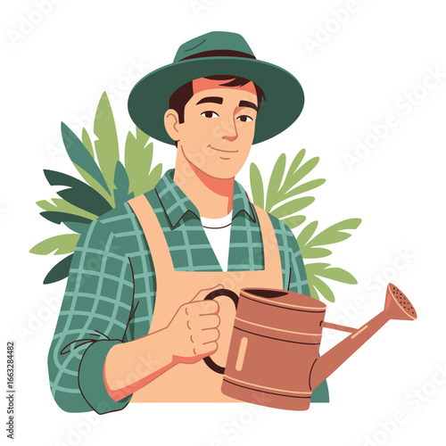 Gardener with Watering Can: This image captures a moment of simple elegance, a gardener in his element, holding a watering can amidst the vibrant greenery of a flourishing garden.