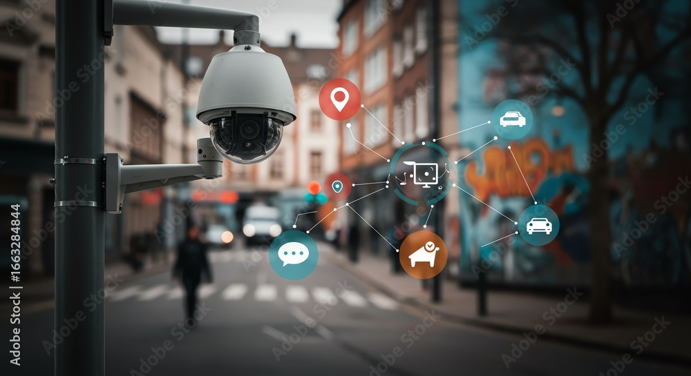 Fototapeta premium Security Camera Insights in Urban Environment, Street View, Digital Connectivity