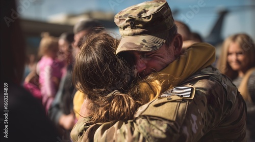 Military family reunion with hugs at airport
