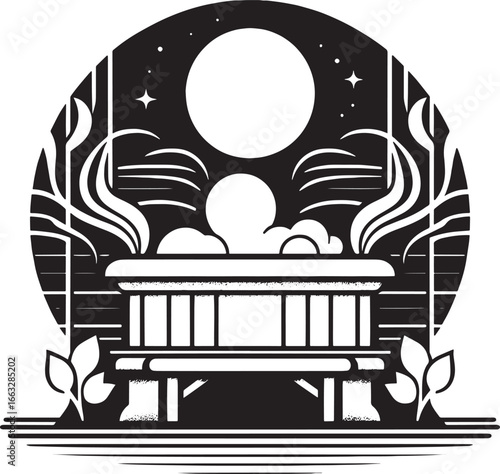 Serene night time outdoor hot tub scene under a full moon and starry sky illustration