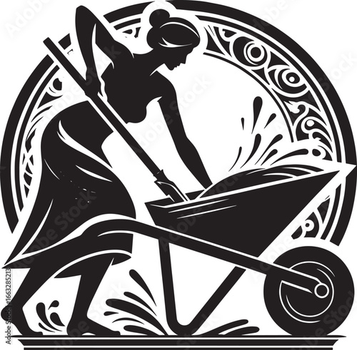 Black and white silhouette of a woman working with a wheelbarrow and a shovel gardening