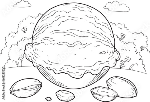 Outlined pistachio gelato scoop illustration with nuts and outdo