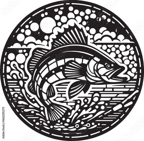 Vector Illustration of a Jumping Fish in a Circular Frame for Fishing Related Designs