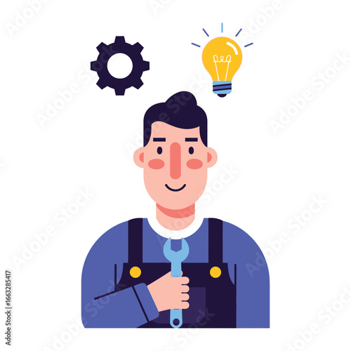Mechanic with Ideas: An illustration depicting a skilled mechanic holding a wrench, with an idea or a solution symbolized by a glowing light bulb and the mechanical aspect represented by the gear.