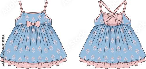 Baby girl dress sketch, floral pattern, bow detail, blue and pink color combination, fashion garment illustration, front and back views, cad drawing flat vector illustration
