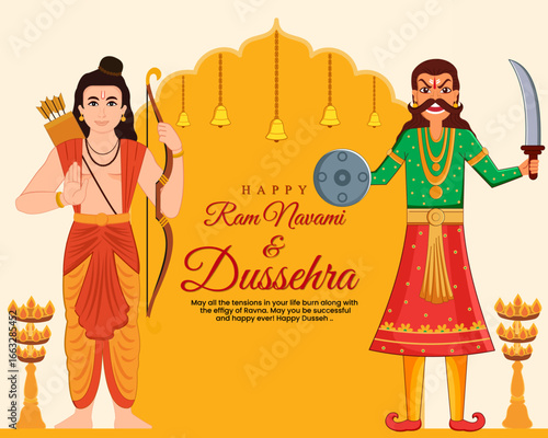 illustration of Lord Rama killing Ravana in Dussehra Navratri festival of India