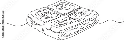 Elegant single line drawing of delicious pastry squares on a whi