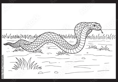 Detailed outline drawing of a fearsome cobra snake for coloring