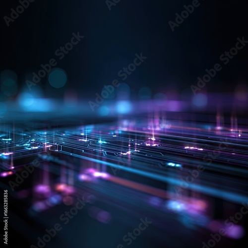 Abstract digital landscape with glowing lines and bokeh