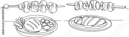 Elegant single line art featuring Brazilian churrasco dishes on