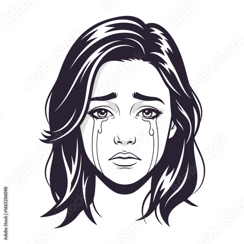 Melancholy Tears: An emotive illustration of a woman, captured in a poignant moment of grief and sorrow, with tears streaming down her face.