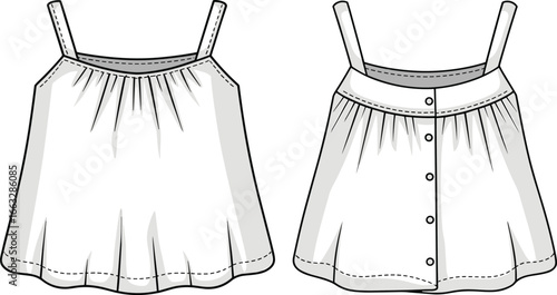 Baby girl sleeveless top vector, button back closure, loose fit design, fashion CAD sketch, technical drawing, flat vector illustration