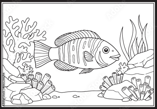 Underwater fish and coral line art coloring page for children's