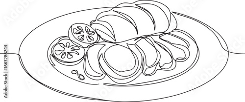 Minimalist line art illustration of a delicious dish with bread