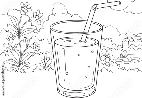 Whimsical tomato juice illustration with garden backdrop for chi