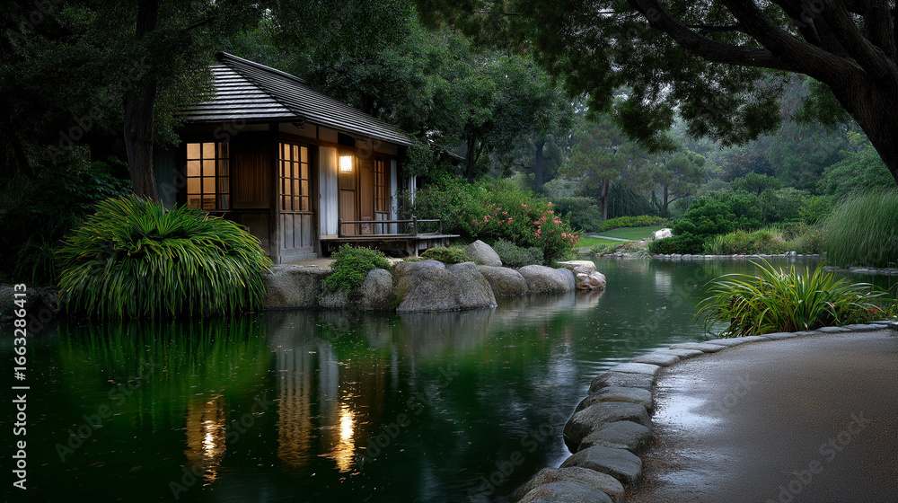 Obraz premium Teahouse by a Koi Pond in Soft Light