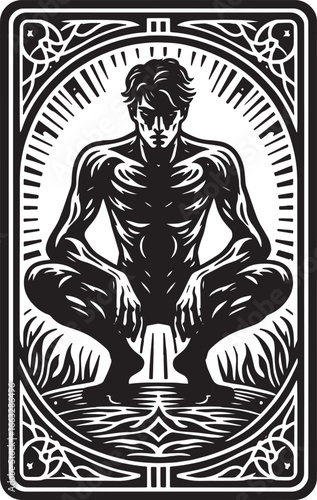 Intricate Black and White Tarot Card Illustration Depicting a Person Reading by Moonlight